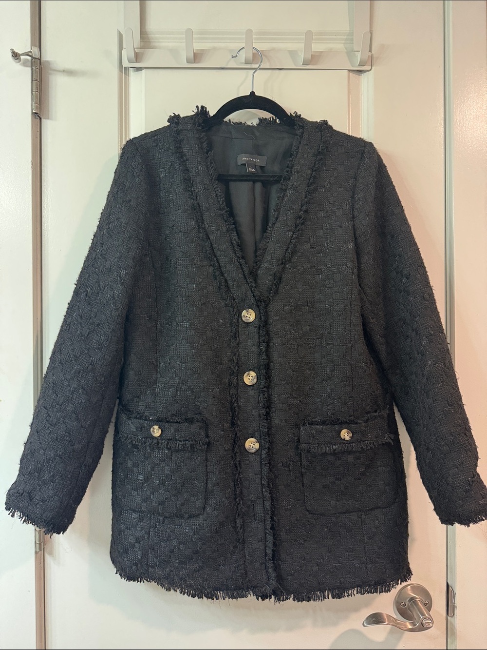 Ann Taylor Black Tweed Fringe-Trim Jacket